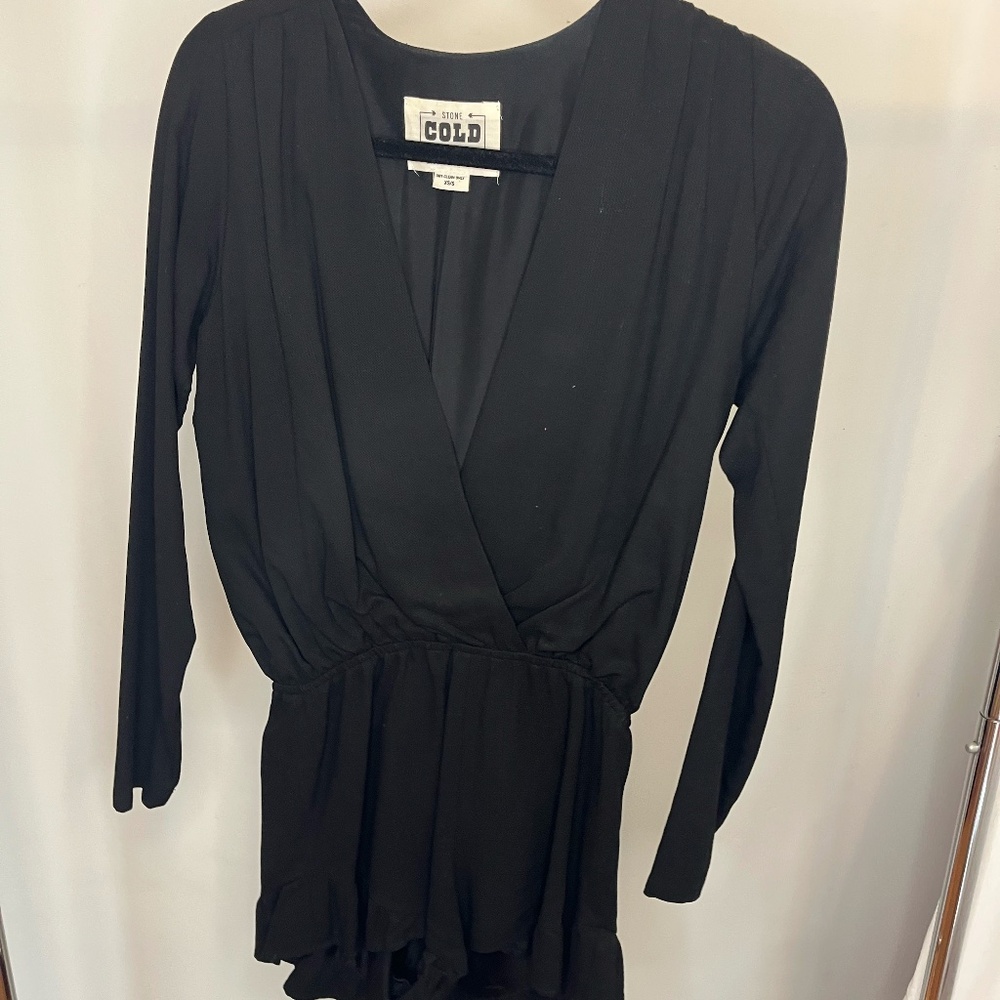 Stone Cold Fox black knit ruffle long sleeve v-neck romper (or "jumper")